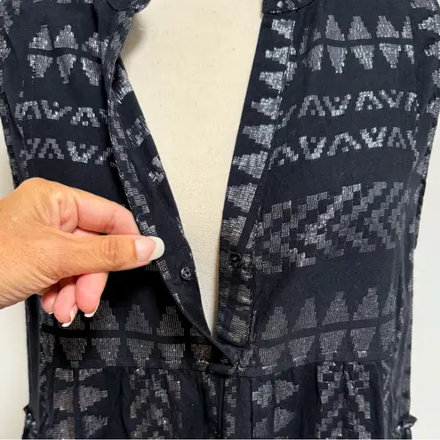 Elan  Black Metallic Silver Sleeveless Tiered V Neck Relaxed Fit Short Dress S