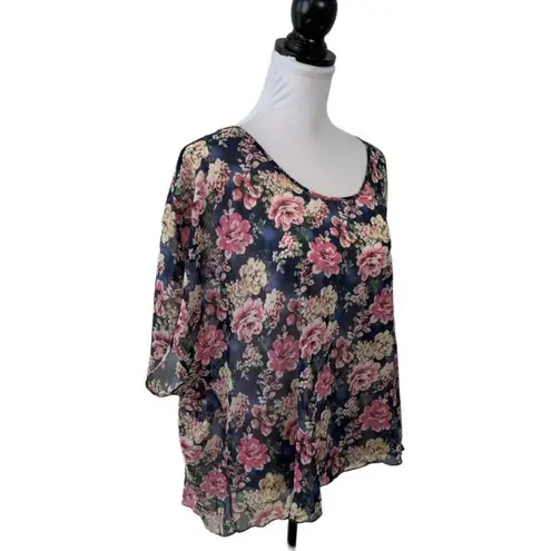 belle du jour Blouse Plus Size 2X Floral Keyhole Sheer Lace Multicolored Hi Low