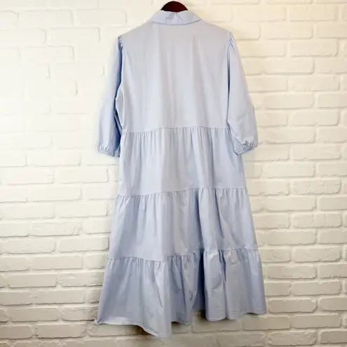 Mayas Place Baby Blue Tiered Shirt Midi Dress Collared Button 3/4 puff sleeve XL