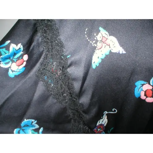 Natori NWT New Designer Short Wrap Robe Womens L Silky Satin Flowers Black Lace