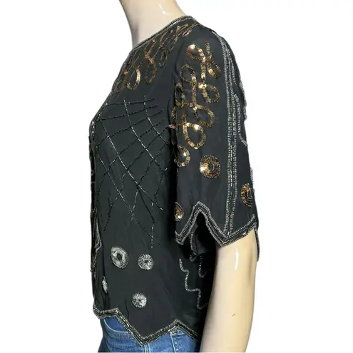 Argenti Vintage Women’s M Black Silk Multi Color Beaded Sequin Party Evening Top Size M