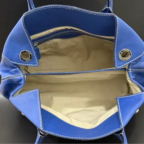 TOD’S Blue Pebbled Leather Contrast Stitch Button Snap Closure Satchel Crossbody