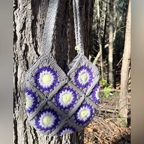 Handmade Crochet Purse with Cotton Liner Grey Purple Yellow Boho Gift for Woman