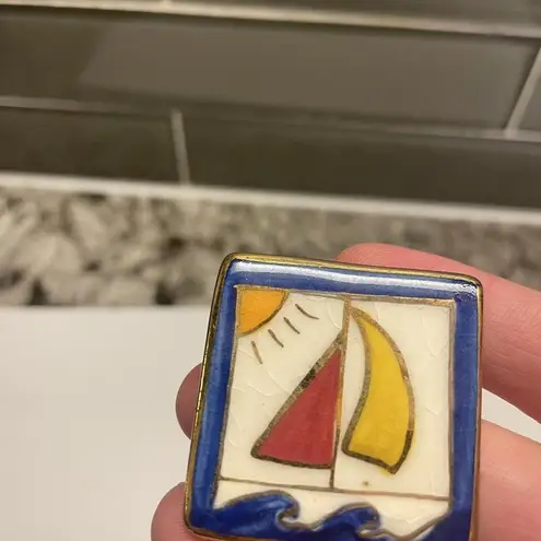 Hand Made Hand Crafted Ceramic Brooch Pin Sailboat Boat Hand Painted