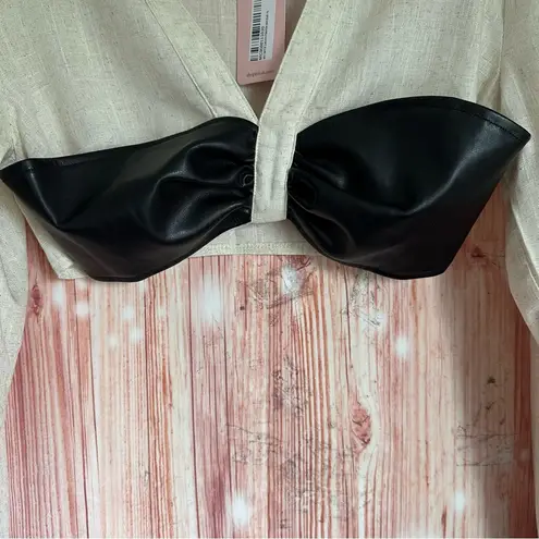 Micas Color Block Faux Leather Linen Ruched Long-Sleeve Shirt