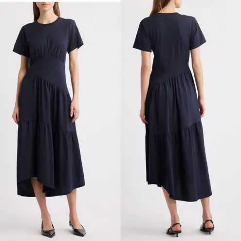 Frame Asymmetric Tiered Midi Dress Gathered Organic Cotton Knit Blue Size S Chic