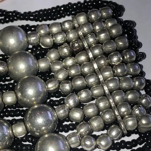 Silver Tone Black Seed Bead Boho Beaded Wide Stretchy Bracelet