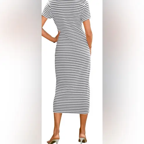 Women Casual Summer Dresses Short Sleeve Striped Midi Dresses Decorative Button Gray