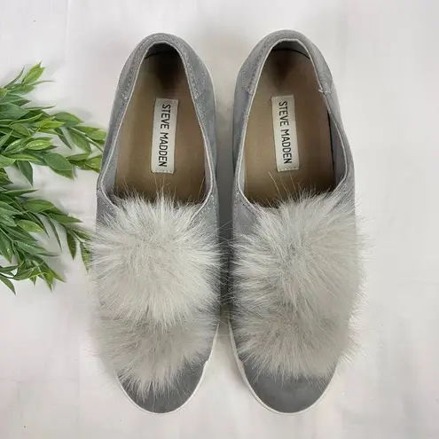 Steve Madden Bryanne Casual Platform Sneakers Fuzzy Pompom Cute Gray Size 9.5