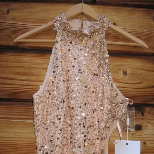 Mac Duggal 49679 Rose Gold Side Cut Out High Neck Sequin Gown Dress