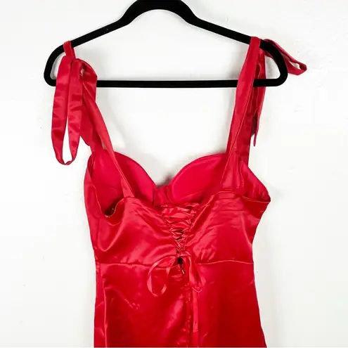 MICHEL LAPERLE Red Tie Shoulder Straps Front Split Back Lace Up Dress, Size 4