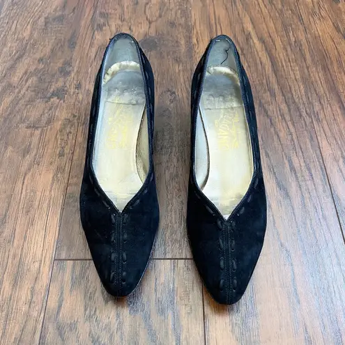 Salvatore Ferragamo Ferragamo • vintage black suede pumps witchy low cuban heel 90s goth point toe