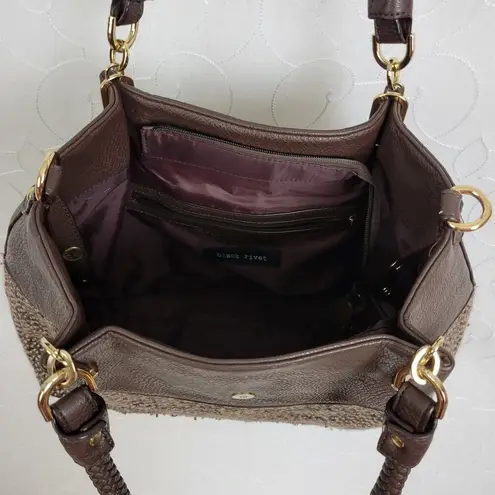 Black Rivet Womens Shoulder Bag Brown Leather Tweed Purse Buckle Strap Handbag