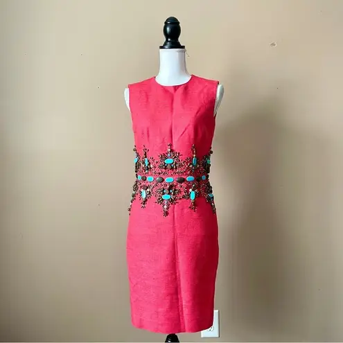 Chetta B | Vintage Fuchsia Silk Tweed Turquoise Beaded Sheath Dress Sz 2