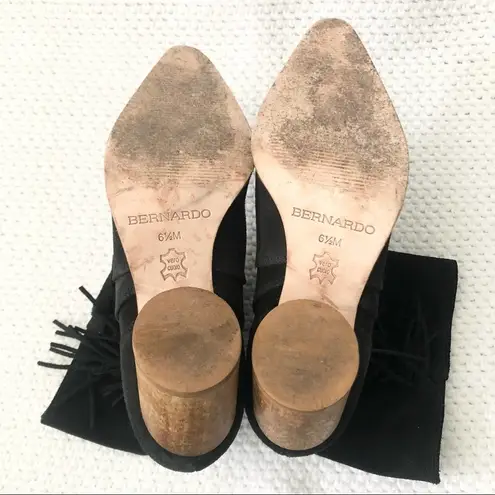 Bernardo FELIX Black Suede Pointed Slip On Ankle Boot Fringe Trim 6.5 Round Heel