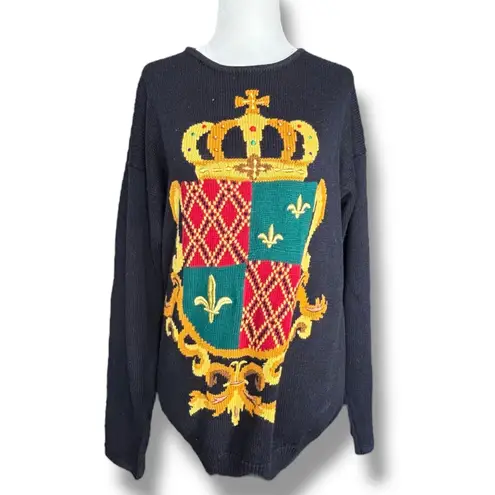 Vintage 90s Marisa Christina Black Knit Crewneck Crest Coat of Arms Sweater Blue Size M