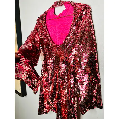 Maeve ANTHROPOLOGY Pink Sequin Mock Neck Bell Sleeve Mini Dress NWT Size XS