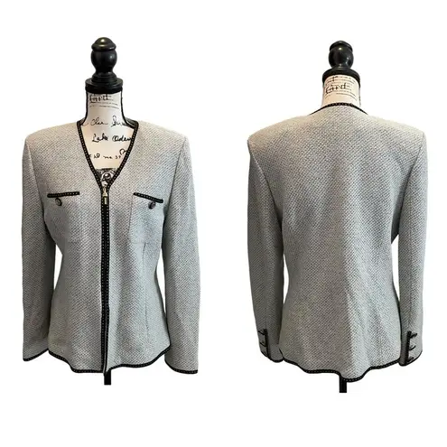 St. John Collection Tweed Knit Blazer Jacket Blue Size 12 zip formal luxury