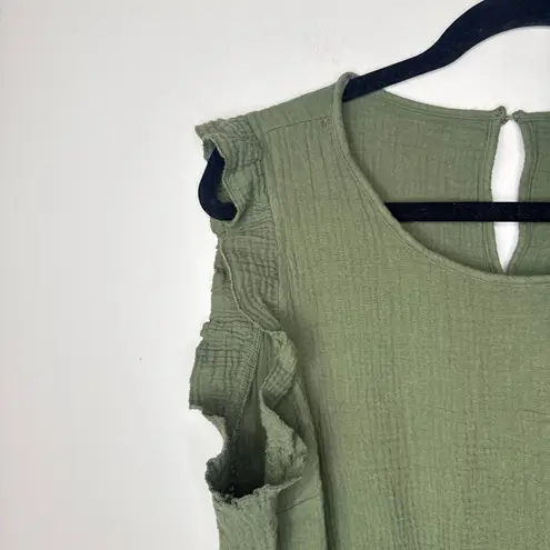 Indigo Rose 2X Gauzy Crinkle Cotton Ruffle Sleeve Tiered Dress Olive Green