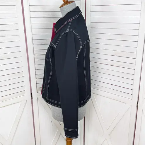 Vntg St. John Sport Contrast Stitch Button Front Denim Jacket Black Pink Small