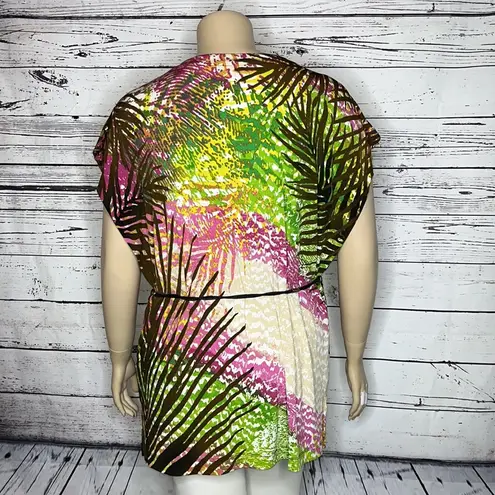 Dana Buchman Size XL Tropical Palm Leaf Printed Tunic Blouse w/ Braided Tie Belt