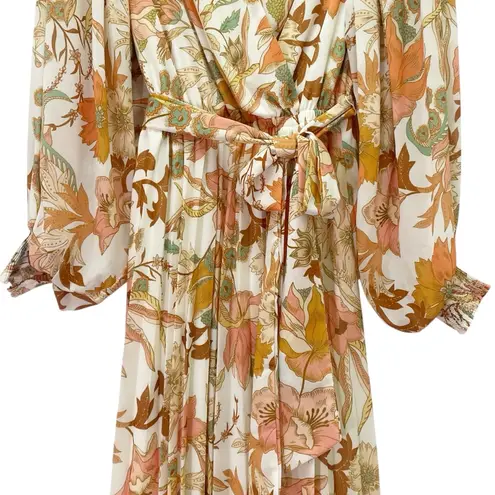 Bohme Böhme Floral Midi Dress Size Medium Long Sleeve Belted Pleated Boho Peach Sage