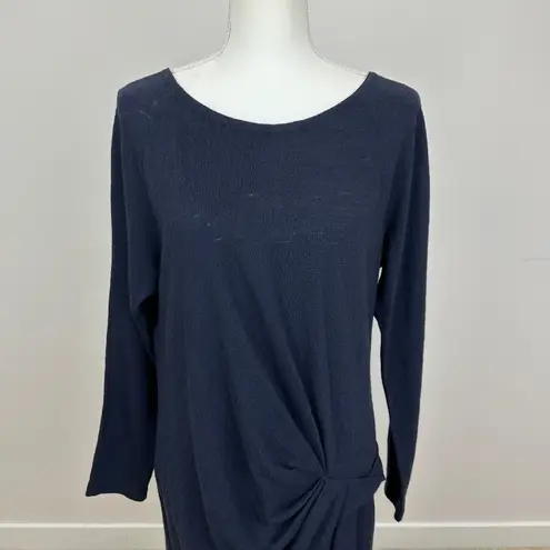 Hanii Y Wool Dress Long Sleeve Draped Navy Blue Round Neck Minimalist Medium.