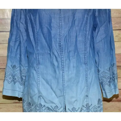 Chico's 1 Blue Ombre Open Front Chambray Shacket Jacket Size M 8 Pockets