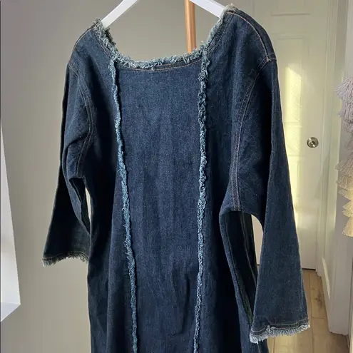 Vintage Prairie Boho Denim Long Sleeve Lace Up Blue Midi Dress Size 1X