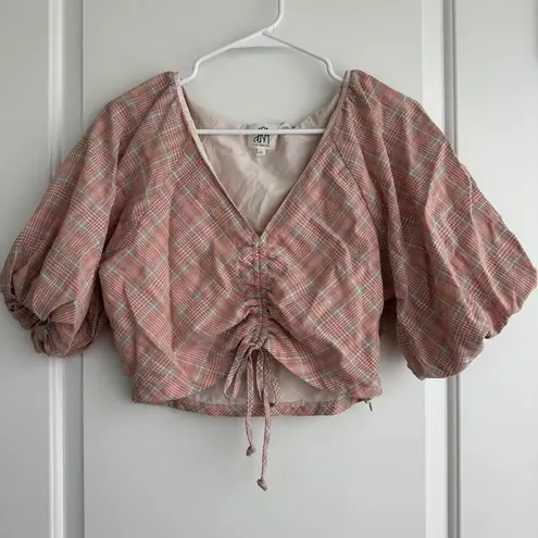 NWOT dRA Maisie Cotton Cropped Front Tie Blouse BLUSH PLAID Medium Puff Sleeves Pink