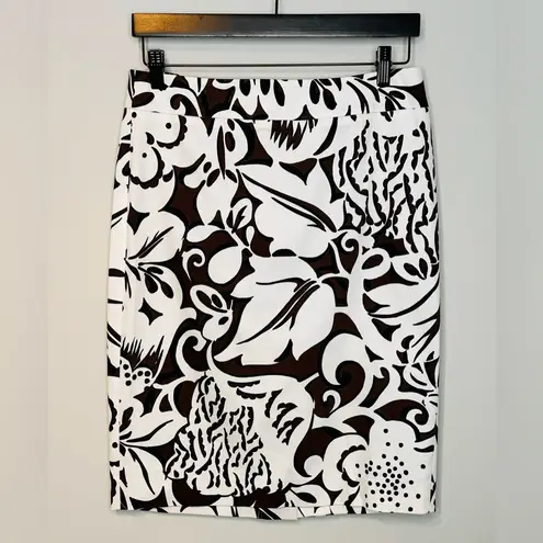 Max Mara Brown White Black Floral Print Pencil Midi Skirt Size 8