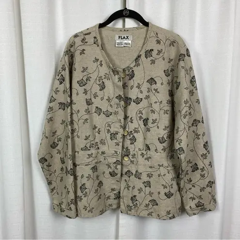Flax Beige&Black Floral Linen&Cotton Blazer Jacket Sz.M