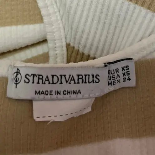 Stradivarius Gold White Striped Sleeveless Racerback Rib Knit Tank Crop Top XS