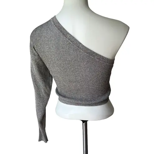 Mod On Trend Purple Shimmer Ribbed Knit Cropped One Shoulder Sweater, Sz L