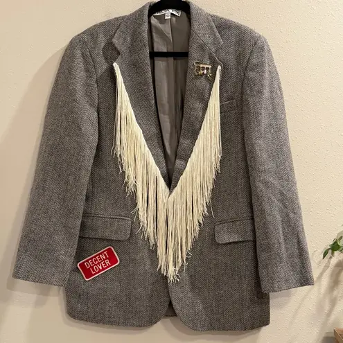 Tricia Fix Exclusive Small Western Fringe Wool Blend Blazer Jacket Statement Gray