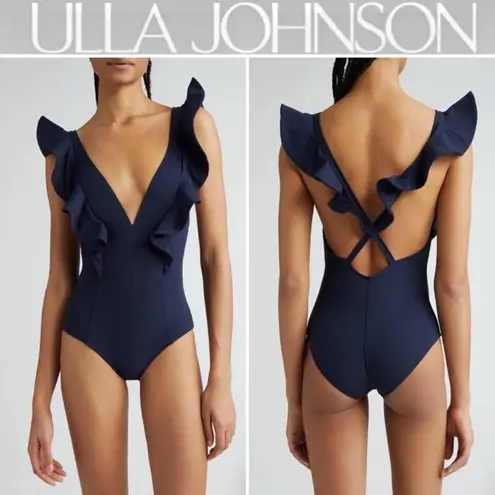 Ulla Johnson Evelina Ruffle Plunge One-Piece Swimsuit, Navy, Size Medium, $380