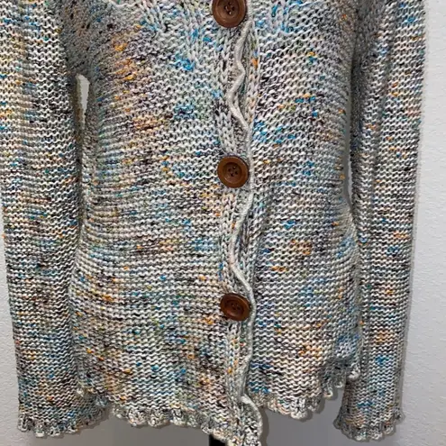 BCBGMAXAZRIA  women's Marled Knit cardigan sweater ruffle trim multi V Neck Large