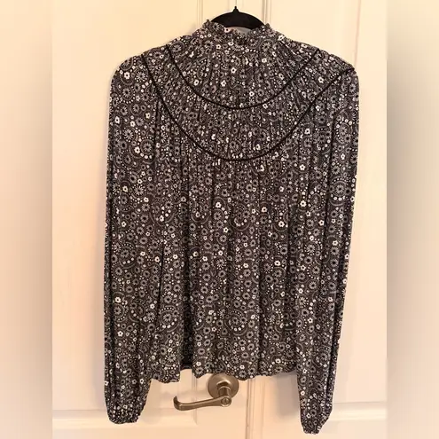 BODEN US10/UK14 Ruched Yoke Jersey Button Up Blouse Ditsy Black White Floral Size 10