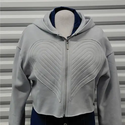 SELF E Womens Jacket Size XS Gray Y2K Cropped Hoodie Full Zip Quilted Heart NWT