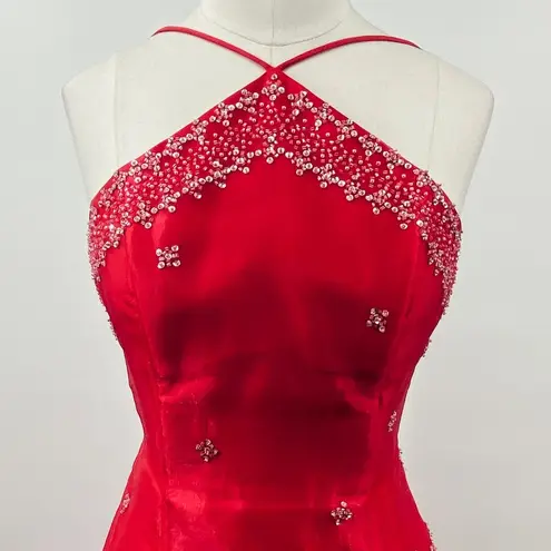 Vintage 90s Y2k Beaded Halter Gown Y Neck Lace up Open Back Organza Hot Pink XS