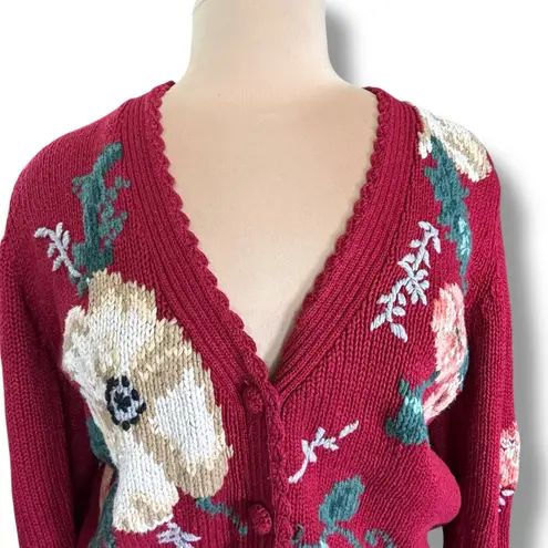 Vintage 90s Herman Geist Hand Embroidered Floral Knit Cardigan Sweater Red Crop Size M