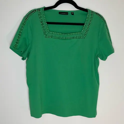 Rafaella | Green Square Neck Short Sleeve Top With Lace Accents | XL