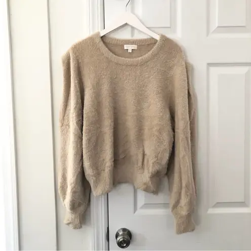 Ronny Kobo Tan Carina Eyelash Fuzzy Knit Bold Shoulder Sleeve Swearer XL