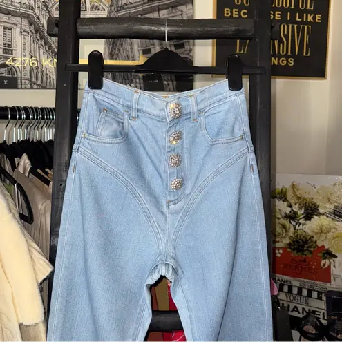 Alessandra Rich Crystal Button High Waist Stirrup Jeans Blue Size 25