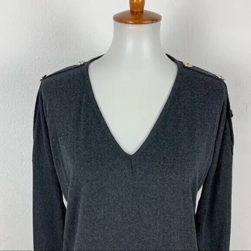 Milan Kiss Ribbed Top Small Gray Long Sleeve Slim Fit Basic V Neck