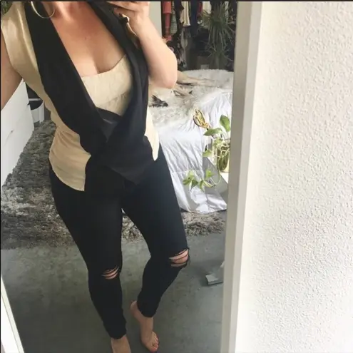 Haute Hippie Cream Black Silk Tank Vest Top Draped VNeck Button Blouse Medium