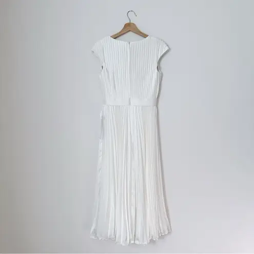 Mac Duggal NEW Pleated Cap Sleeve Belted A-line Midi Dress Gown Whiteb