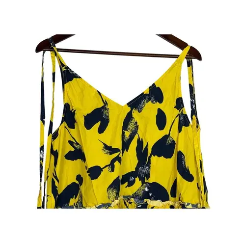 Jason Wu RTR Floral Sleeveless RuffleV Neck Top Tie Straps 10 Yellow Navy Blue