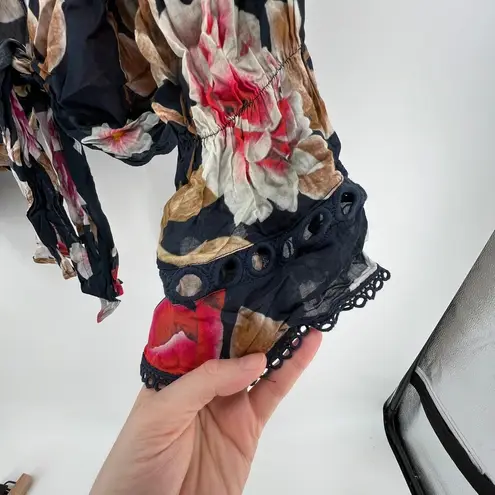 Agua Bendita Women L Angie Blouse Jasmine Collection Navy Floral Front Tie Shawl