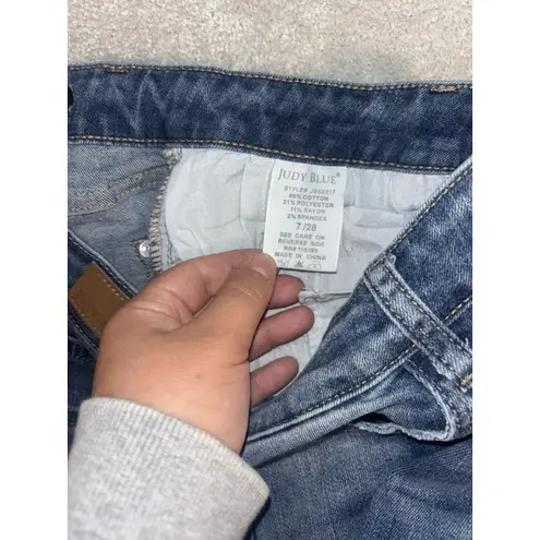 Judy Blue Jeans Womens 7/28 Blue Denim Boyfriend Fit Distressed Mid-Rise Stretch